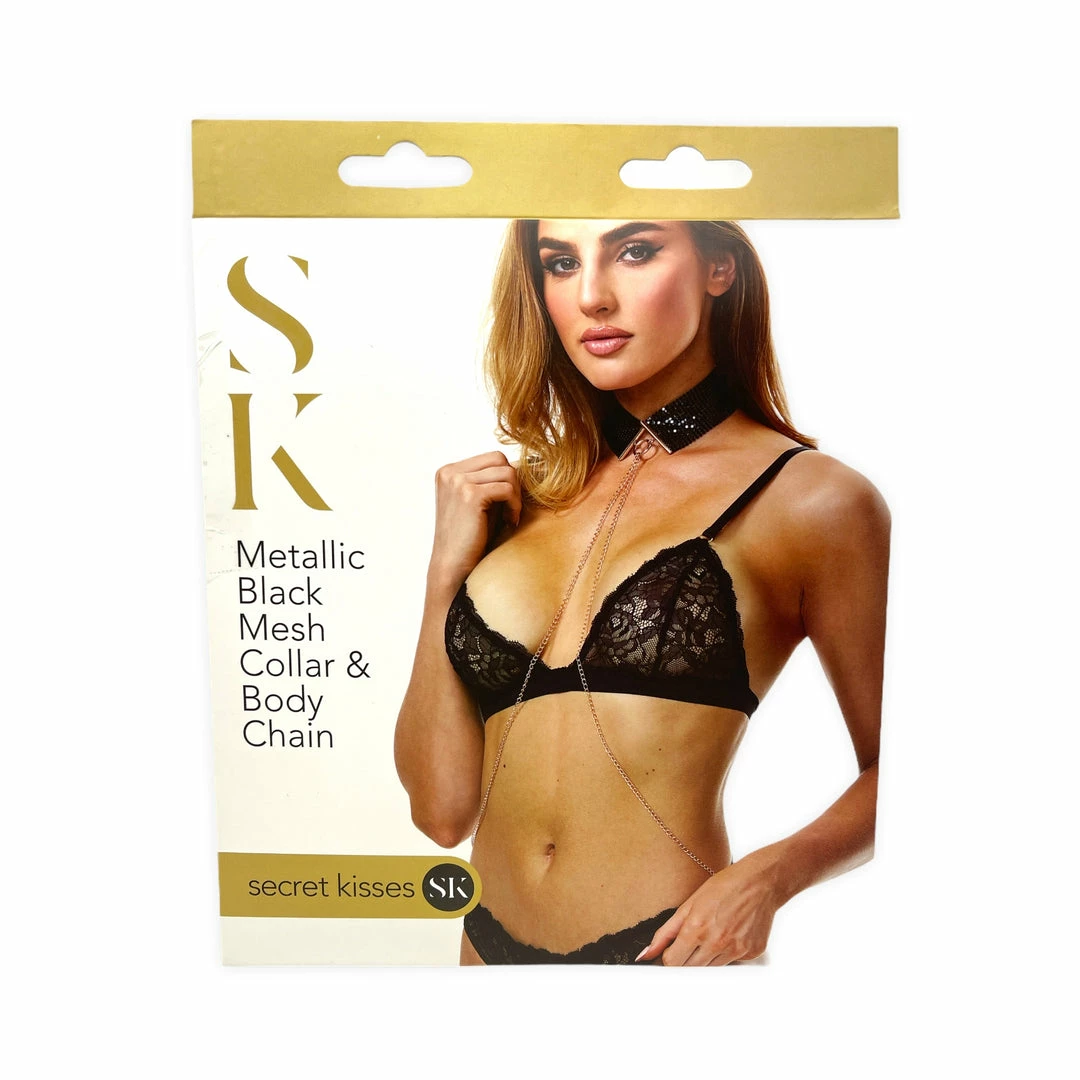 Secret Kisses Metallic Black Mesh Collar & Body Chain Boudoir 3 Secret Kisses Metallic Black Mesh Collar & Body Chain Boudoir